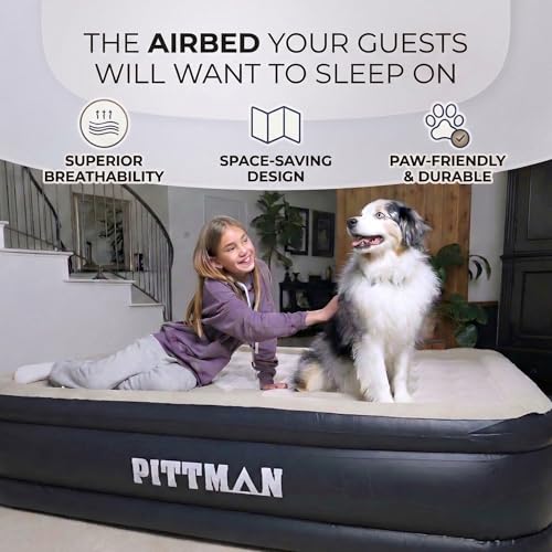 Image of Pittman Outdoors Queen Air Mattress - 18 inch Black Double High, Queen Air Mattress with Built in Pump, 600lb Capacity, Portable Inflatable Bed with Carry Bag, Blow Up Mattress for Guests, Home & Travel