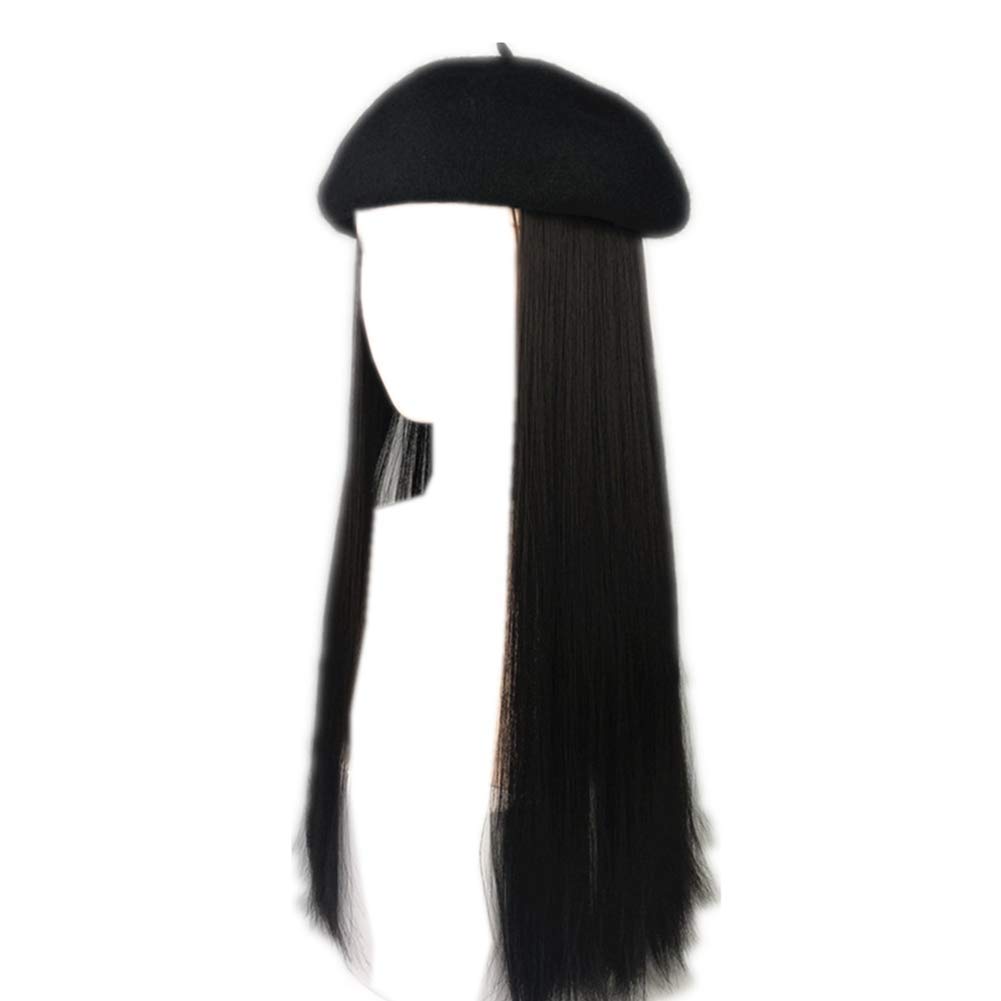 Berets Hat With Hair For Women Beanie Long Straight Wig Synthetic Hair Wavy Corn Cap with Wig Black+black