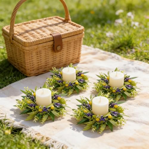 Image of 4 PCS Eucalyptus Olive Candle Rings Wreaths Spring Summer Greenery Kitchen Cabinet Wreaths Mini Green Boxwood Leaves Candle Wreath for Pillars Farmhouse Wedding Celebrations Tabletop Decoration