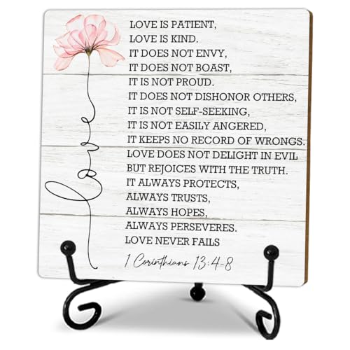 5 Love Is Patient Love Is Kind Wooden Plaque With 1 Metal Support - Mothers Day & Christian Gifts Religious Wood Sign - Home Desk Decor Gifts Bible Verse Tabletop Decor For Home Office Shelf-A09