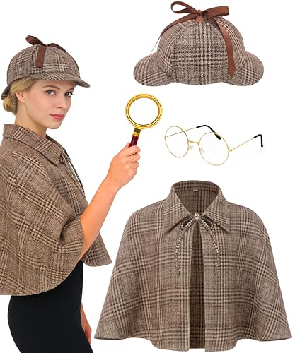 Adults Detective Costume Mens Womens Victorian Outfit Inverness Cape Deerstalker Hat for Halloween Cosplay Lace L