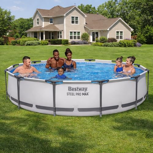 Image of Bestway Steel Pro MAX 12' x 30 inch Above Ground Swimming Pool Set with Pump | Durable Round Metal Frame Outdoor Backyard Pool, Puncture-Resistant Liner - Type III A /C Filter Cartridge Included, Gray