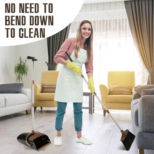 Image of Broom and Dustpan Set with Long Handle, Light Weight Stainless Steel Poles Stand Upright Dustpans with Broom Combo for Home Kitchen Office Pet Dog Hair, 1-Pack (Black Brown)