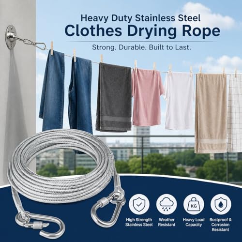 Image of Heavy Duty Clothes Drying Rope with Hooks, Stainless Steel Wire Clothesline for Balcony, Bathroom & Outdoor Use (10 Meter)