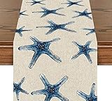 Blue Nautical Table Runner Beach House Watercolor Starfish Linen Table Runners Rustic Home Decor Gif