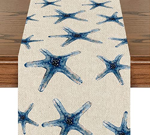 Blue Nautical Table Runner Beach House Watercolor Starfish Linen Table Runners Rustic Home Decor Gift For Dinner Party Housewarming (14X72 Inches ) #TOP10