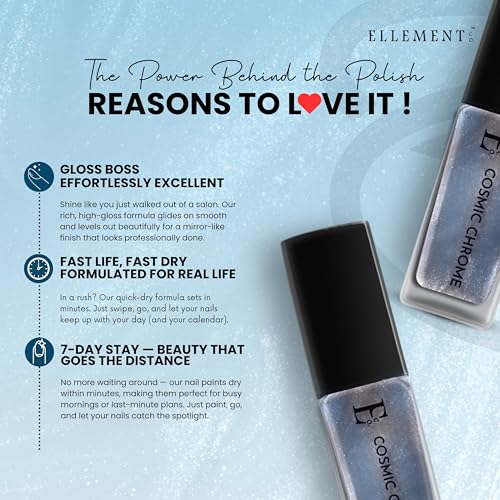 Image of Ellement Co Cosmic Chrome Nail Polish 10ml | Metallic Silver Blue Shade | Chrome Finish | High Shine | Quick Drying | Long Lasting | Chip Resistant | Vegan | Nail Lacquer & Nail Paint for Women