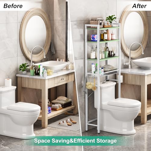 Image of Kalrin Over-The-Toilet Storage Rack, 4-Tier Bathroom Organizer Shelf Over Toilet with Adjustable Shelf and Basket, Freestanding Space Saver Bathroom Shelves Above Toilet for Room (Avocado Green)