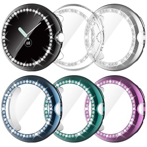 [6Pack] KPYJA Compatible with Google Pixel Watch 2/Piexl Watch Screen Protector Case, Bling Diamonds All-Around Protective Soft Cover Bumper Frame Accessories