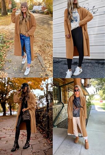 Image of Womens Long Sleeve Maxi Cardigan Open Front Oversized Knitted Sweater Coat Casual Lapel Warm Overcoat with Pockets