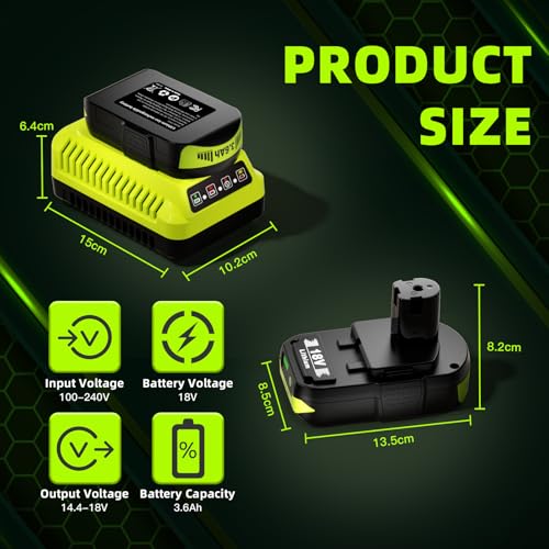 Image of 2Pack 3600mAh for Ryobi 18V Battery and Charger Combo, Replacement for Ryobi 18V Battery and Charger, Compatible with Ryobi 18 Volt Battery Lithium-ion P102 P103 P104 P105 P107 P108 P109 P122