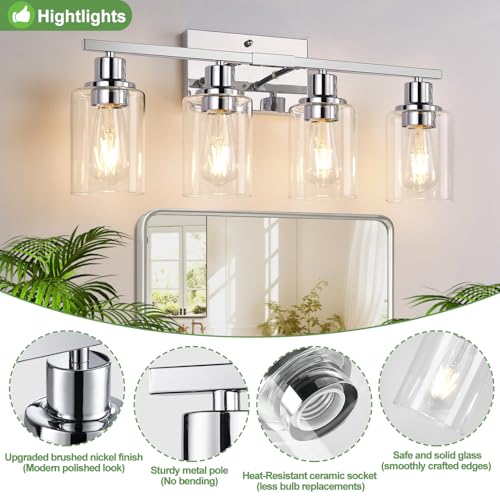 Image of Indoi 4-Light Bathroom Light Fixtures, Chrome Modern Vanity Lights with Clear Glass Shades, Bathroom Wall Lamp for Mirror Living Room Cabinet Bedroom Porch