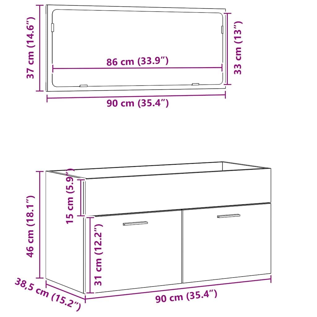 Zestaw mebli łazienkowych w kolorze czarnym o wyglądzie dębu, materiał drewnopochodny z umywalką, szafka pod umywalkę i lustro ścienne, 90 x 38,5 x 46 cm, nowoczesne wzornictwo wiszące dla