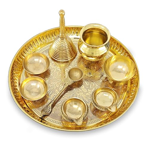 Image of BENGALEN Brass Pooja Thali Set 8 Inch Puja Thali with Pital Plate Kalash Chandan Vati Dhup Dan Kuber Diya Ghanti Palli Arti Thali for Diwali Home Office Mandir Wedding Return Gift Items