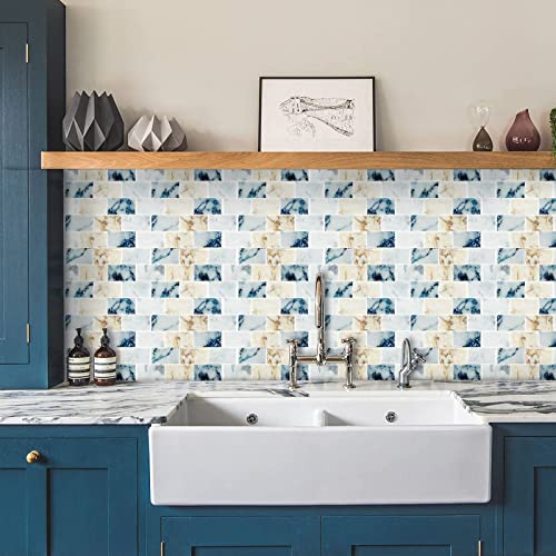 Homeymosaic 10-Sheets Backsplash Tile Peel And Stick On Kitchen Laundry Stove 3D Subway Vinyl Wall Tiles In Galaxy Marble White #TOP2