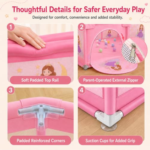 Image of Dawnwake Playpen for Baby up to 4 Years Playards with Pit Balls and Anti-Fall Grasp Rings, Kids Activity Center with Safety Lock & Small Storage Bag (No Mat, Non-Foldable) (150x180 cm Pink)