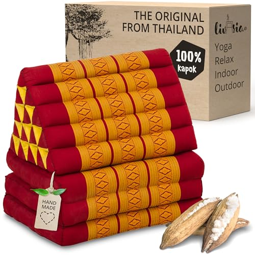 livasia Thai cushion with 3 seat rests - 73x22x3.1″ - extra high, Triangle cushion with folding mattress, Kapok, Jumbo back support cushion, Thai mat, folding, Hand made (Red/Yellow)