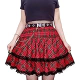 Women's High Waisted Short A-line Flare Gothic Black Purple Pink Plaid Pleated Skirt (Red, 2X-Large)