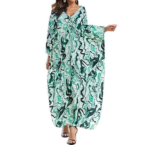 Eddoyee Women Animal Print Kaftan Dress Long Sleeve Beach Bathing Suit Cover Ups V-Neck Plus Size Caftan Green-black