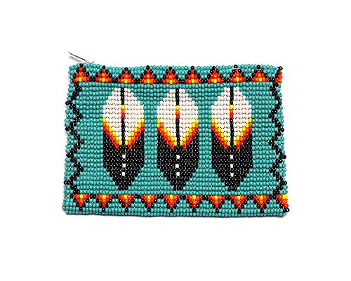 Native American Inspired Feather Czech Glass Seed Bead Coin Purse Pouch - Handmade Tribal Bags (Turquoise)