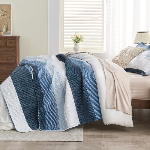 Image of Andency Navy Blue Striped Quilt Set Cal King(104x112Inch), 3 Pieces (1 Quilt and 2 Pillowcases) Patchwork Bedspread Coverlet Set, Soft Lightweight Quilted Bedding Set