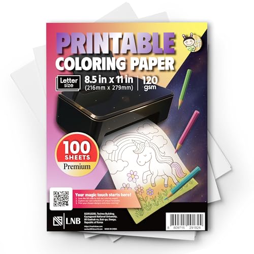 HASHI Printable Coloring and Drawing Paper - 120 GSM (32lb) Heavyweight 100 Sheets Letter Size 8.5 x 11 No-Bleed Artist Paper for Markers Watercolor and AI Coloring Inkjet and Laser Compatible