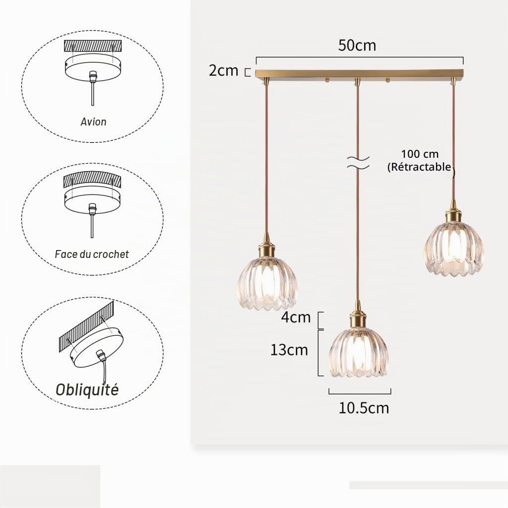 Lampe Suspendue Vintage 3 Lumières Suspension Vintage Lustre Réglable en Hauteur Plafonniers en Verre Transparent Fleurs E27 Suspension de Table de Salle à Manger pour Salon Cuisine