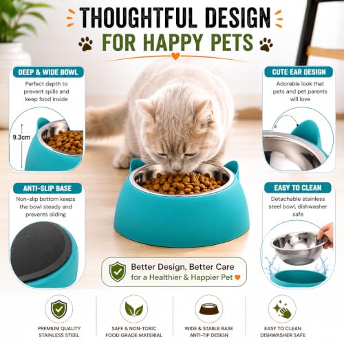 Image of PetVogue Pet Feeding Bowl for Dogs & Cats | Stainless Steel Food Bowl with Durable Plastic Base | Cute Cat Ear Design | Easy to Clean Food & Water Bowl for Cats, Puppies & Small Dogs(Yellow)