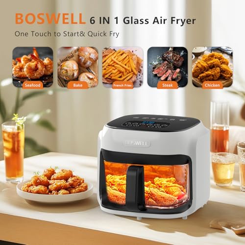 Image of BOSWELL Glass Air Fryer, 7.5QT with Transparent Fry Bowl, Circulating Heating, Temperature Control, Air Fryer Roast, Dishwasher Safe (white)