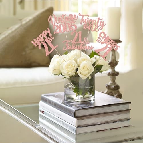 Image of 15 PCS 21st Birthday Centerpiece Sticks Twenty One Happy 21 Vintage 2005 Table Flower Centerpieces Sticks Cheers to 21 Fabulous Floral Decorations for 21st Birthday Party Supplies Rose Gold
