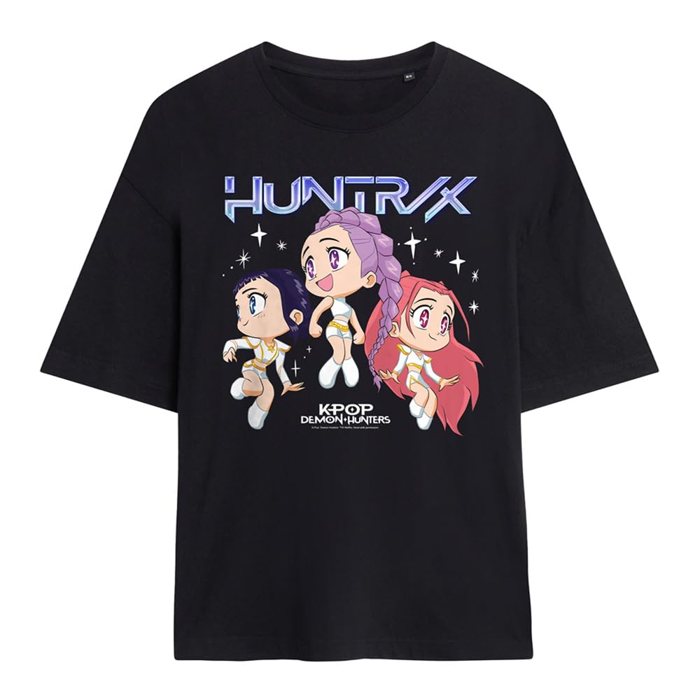 K-Pop Demon Hunters Womens Kpop Huntrix Chibi Group Ladies Oversized T-Shirt, Black, M UK