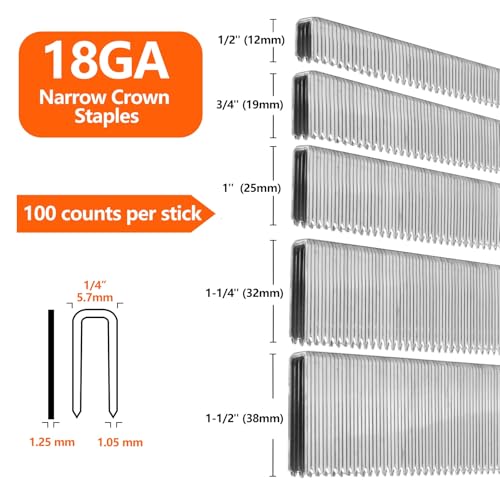 1000-count 12 inch length 18 gauge 14 inch narrow crown staples heavy duty beveled chiseled pointed galvanized staples for pneumatic electric 18ga stapler gun