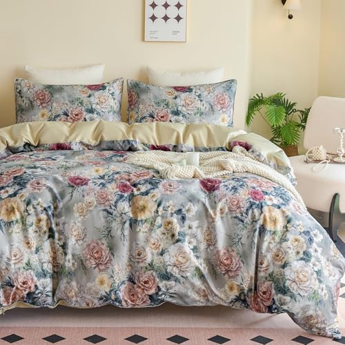 Huborise Blue Floral Duvet Cover Set 100% Percale Cotton King