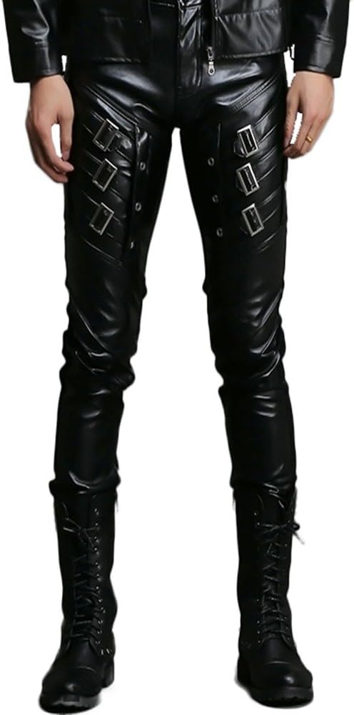 Idopy Men`s Black Slim Fit Soft PU Faux Leather Biker Pants