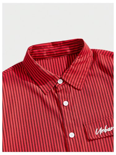 GORGLITTER Men's Striped Button Down Up Cropped T Shirt Letter Graphic Flap Short Sleeve Collar Top3