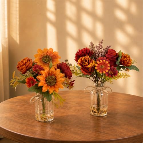 2 Packs Artificial Autumn Sunflower Rose in Glass Vase with Faux Water,Red