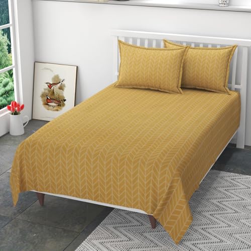 Image of Single Size Polycotton Flat Bedsheet Set - Printed, Wrinkle Free with 2 Pillow Covers (60 x 90 Inches | Yellow)