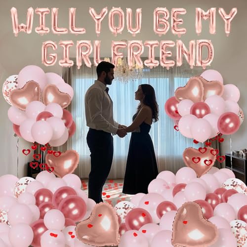 Image of Pink Will You Be My Girlfriend Balloons - Valentines Day Balloons Kit, Pink Heart Balloon with 200pcs Rose Petals, Valentines Day Romantic Decorations Special Night (WILL YOU BE MY GIRLFRIEND)