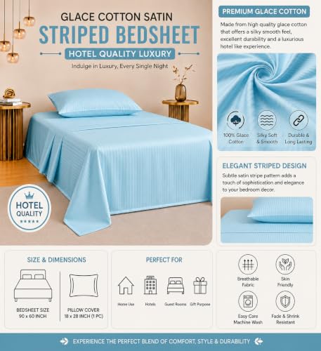Image of Satin Striped Glace Cotton Single bedsheet with 1 Pillow Cover | Soft & Smooth Finish | Single Bed bedsheet 90 x 60 Inch | Pillow Cover 18 x 28 Inch | Breathable, Fade Resistant