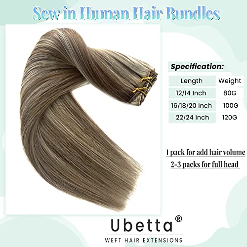 Image of Sew in Hair Extensions Real Human Hair, 16 Inch 100G Weft Hair Extensions Human Hair, Ash Brown and Blonde Balayage Ash Blonde Highlights Hand Tied Weft Hair Extensions Human Hair Weave Bundles
