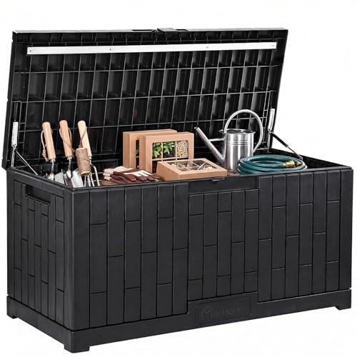 YITAHOME 120 Gallon Large Deck Box, Resin Outdoor Storage Box for Outdoor Pillows, Garden Tools and Pool Supplies, Waterproof, Lockable, Black 120 Gal