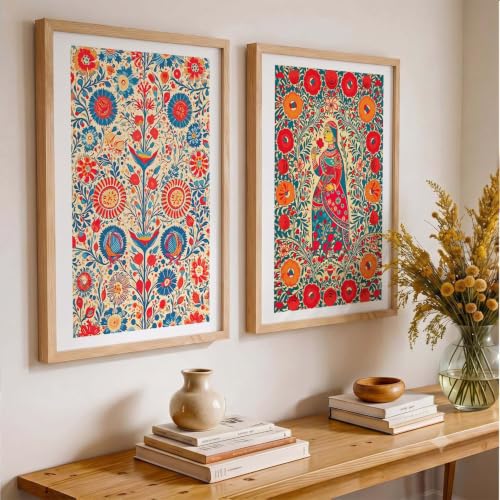 Image of kotart Premium Madhubani Folk Art Wall Art Set of 2 | Traditional Indian Woman & Floral Pattern Painting | MDF Wooden Framed Home Decor (3, 14x20 Inch)
