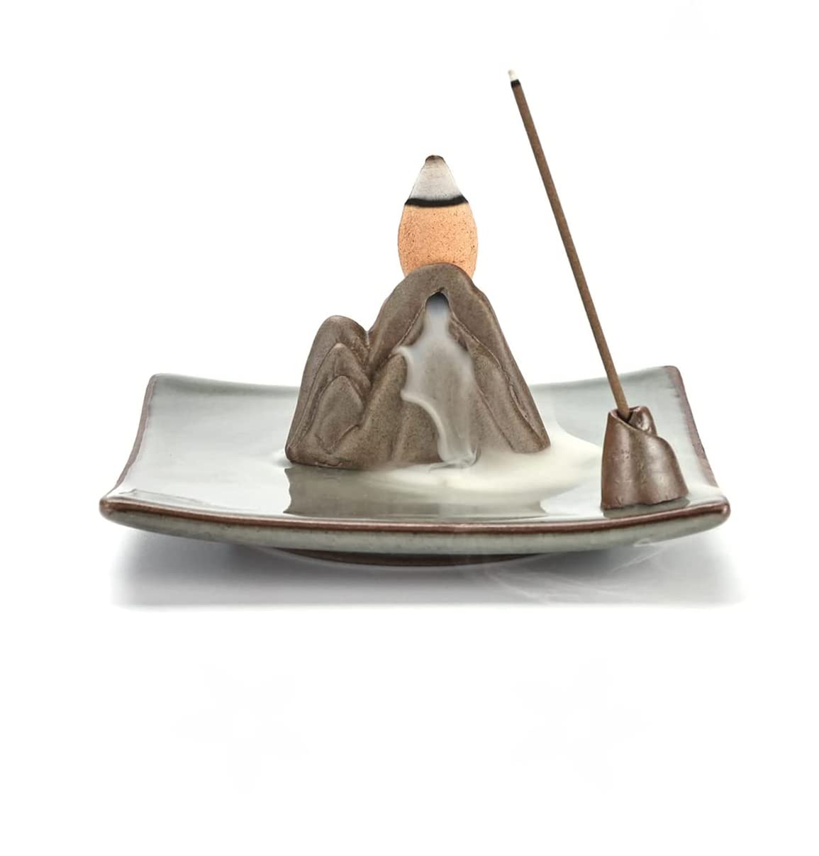 ELECDON Ceramic Incense Holder for Sticks and Cones - Waterfall Burner With Ash Catcher Tray - Mountain-Shaped Home Decor Accessory for Yoga and Meditation (Mountain)