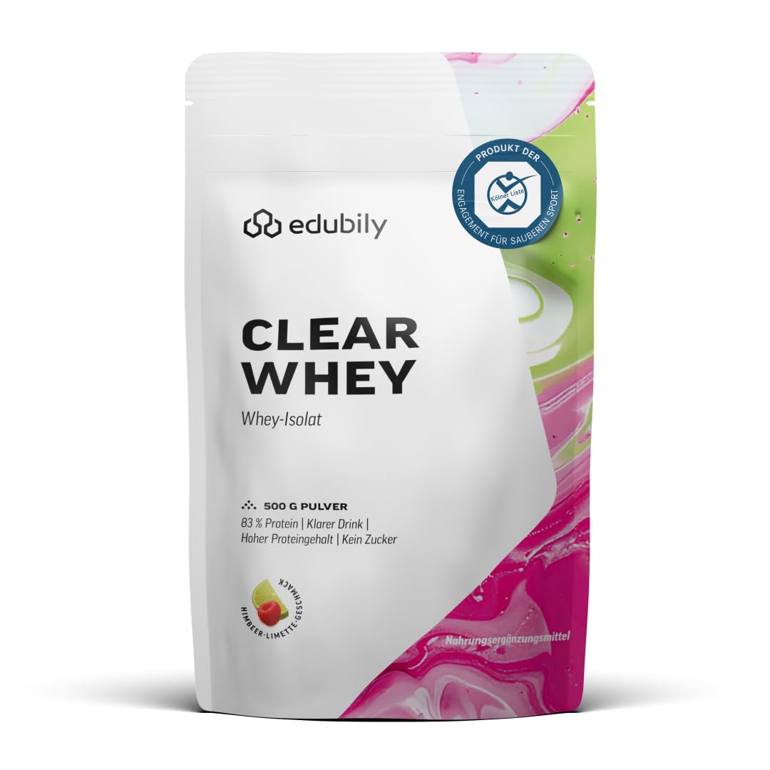 edubily® Clear Whey Isolat - Klarer Proteindrink - ca. 83% Proteingehalt - Laktosefrei - Fruchtige Geschmacksrichtungen (500 g, Himbeer-Limette)