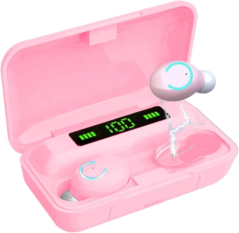 Acuvar Fully Wireless Bluetooth 5.0 Rechargeable IPX7 Waterproof Earbud Headphones with Microphone 100+ Hrs Playtime Case, Powerful Surround Stereo Bass and Passive Noise Cancelling (Pink)
