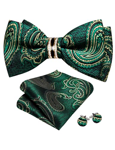Image of YOHOWA Mens Bow Tie Set Paisley Pre-tied Bowties Adjustable with Handkerchief Cufflinks Gold Ring Set Wedding Prom Party