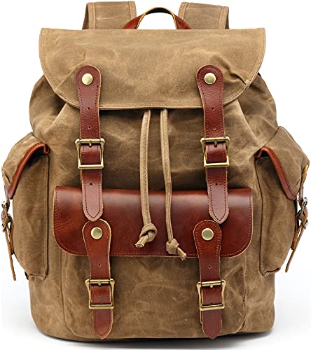 Waxed Canvas Leather Backpack for Men, Military Tactical Shoulder Rucksack for Travel School Bag (M85_Khaki)