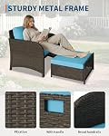 5-Piece Patio Conversation Set - Outdoor Rattan Furniture | Cushioned Chairs & Ottomans, Tempered Glass Table, All-Weather Wicker Sofa Set for Backyard, Balcony & Garden, Blue Cushions