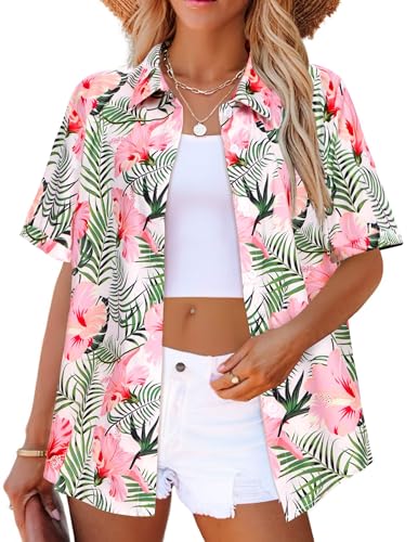 Zeagoo Plus Size Hawaiian Shirt Women Floral Print Cool V Neck Shirt Button Up Blouse Short Sleeve Tops Pink Floral XXXL