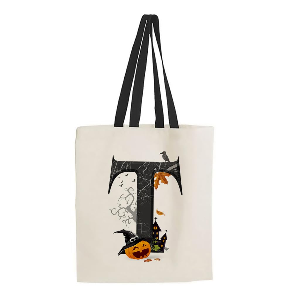 Halloween Tote Bags - Initials, Gifts for Girls, Trick or Treat, Reusable Shopping Bags - Black Handle, Pumpkin Party